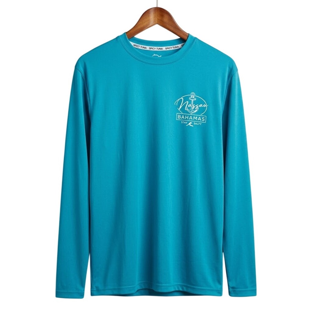 Spicy Tuna Mens‎ Size L Long Sleeve Performance Shirt Teal Blue Fishing Coastal